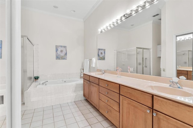 6048 Topsail Rd, Lady Lake, FL 32159 - bathroom featuring double vanity, a bath, a shower stall, tile patterned flooring, and ornamental molding