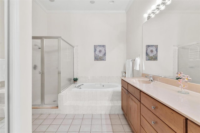 6048 Topsail Rd, Lady Lake, FL 32159 - bathroom with vanity, a bath, a stall shower, crown molding, and tile patterned flooring