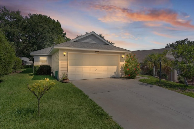 2821 Mediterranean Loop, Tavares, FL 32778 - ranch-style house featuring driveway, a front yard, a shingled roof, and a garage