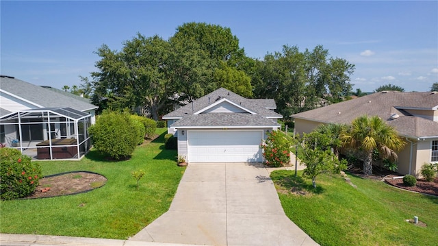 2821 Mediterranean Loop, Tavares, FL 32778 - view of front facade with a front yard, concrete driveway, a lanai, and roof with shingles