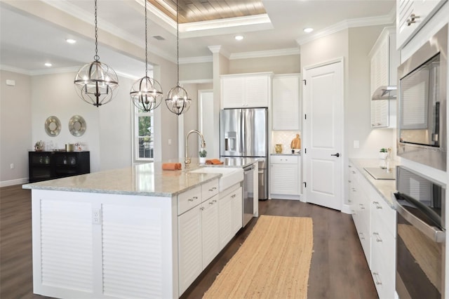 1127 Fiesta Key Cir, Lady Lake, FL 32159 - kitchen with stainless steel appliances, dark wood finished floors, ornamental molding, white cabinetry, and recessed lighting