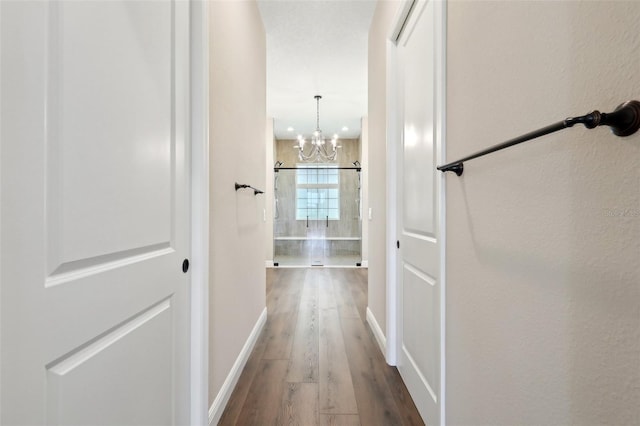 1127 Fiesta Key Cir, Lady Lake, FL 32159 - hallway with wood finished floors, a chandelier, and baseboards