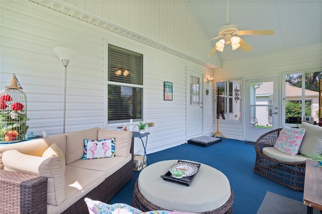 2738 Morven Park Way, The Villages, FL 32162 - sunroom with ceiling fan, an outdoor living space, and lofted ceiling