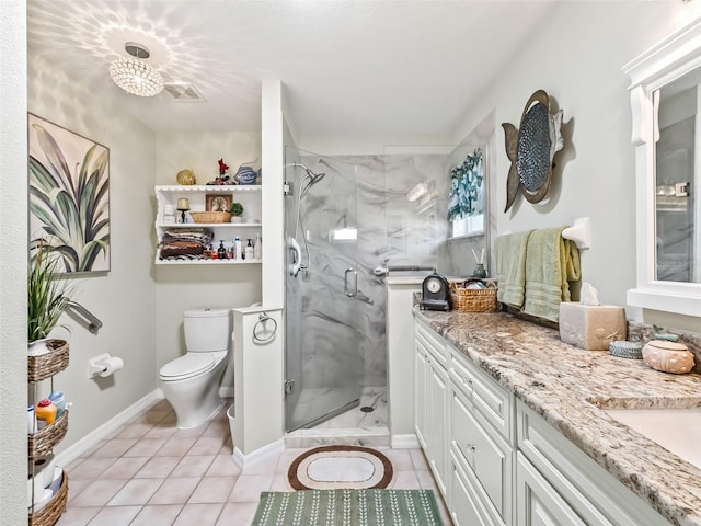 17380 SE 111th Ct, Summerfield, FL 34491 - full bath with vanity, toilet, a marble finish shower, tile patterned floors, and baseboards
