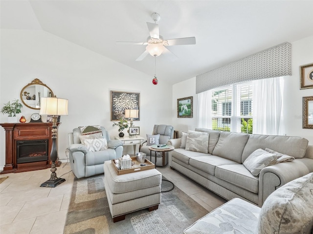 17380 SE 111th Ct, Summerfield, FL 34491 - living room with lofted ceiling, light tile patterned flooring, and ceiling fan
