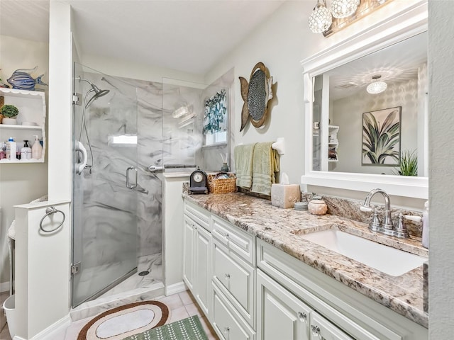 17380 SE 111th Ct, Summerfield, FL 34491 - bathroom featuring vanity, a marble finish shower, and tile patterned floors