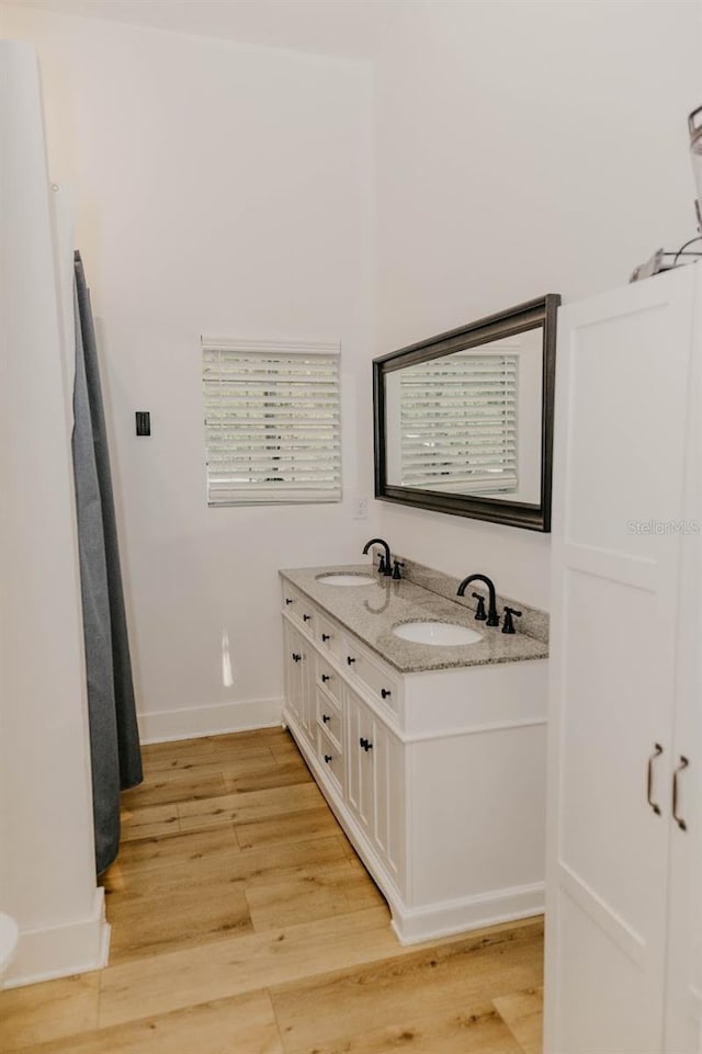 18142 Powerline Rd, Dade City, FL 33523 - bathroom with wood finished floors, baseboards, and double vanity