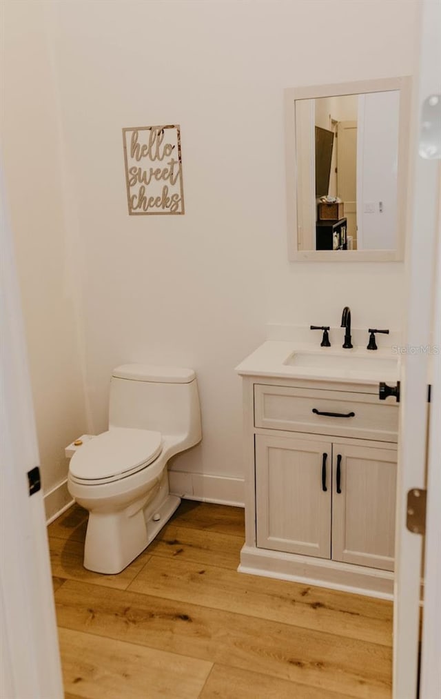 18142 Powerline Rd, Dade City, FL 33523 - bathroom featuring vanity, toilet, wood finished floors, and baseboards