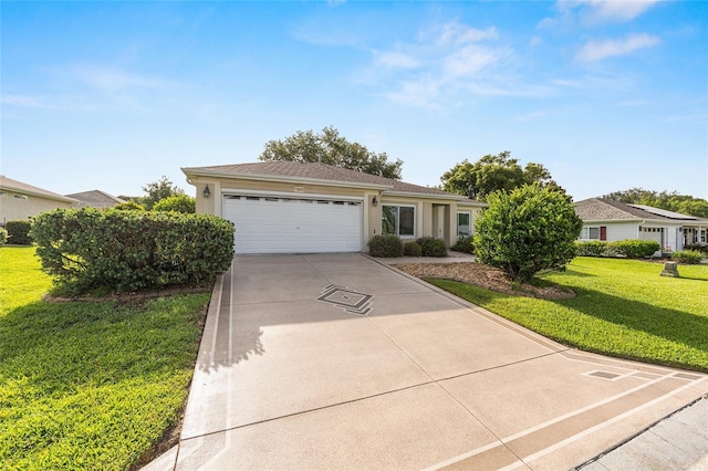 13643 SE 89th Ct, Summerfield, FL 34491 - ranch-style house with an attached garage, driveway, a front yard, and stucco siding