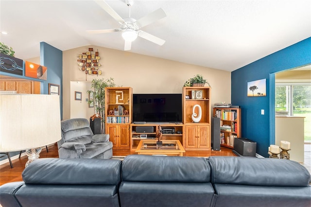 13643 SE 89th Ct, Summerfield, FL 34491 - living area with lofted ceiling, ceiling fan, and wood finished floors