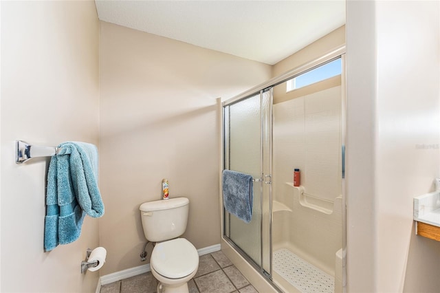 13643 SE 89th Ct, Summerfield, FL 34491 - bathroom featuring toilet, a stall shower, baseboards, and tile patterned floors