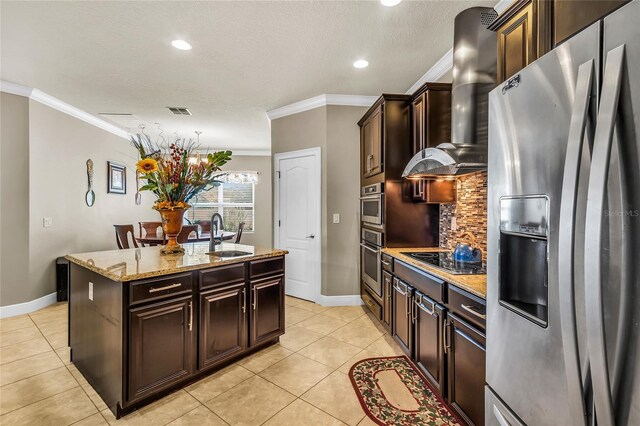 3222 San Leo Dr, Orlando, FL 32820 - kitchen with stainless steel refrigerator with ice dispenser, black electric stovetop, a sink, wall chimney range hood, and crown molding