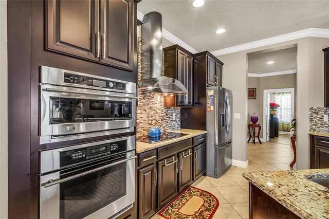 3222 San Leo Dr, Orlando, FL 32820 - kitchen with wall chimney range hood, stainless steel fridge with ice dispenser, black electric stovetop, crown molding, and light tile patterned floors
