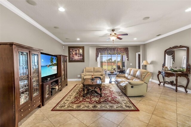 3222 San Leo Dr, Orlando, FL 32820 - living area featuring light tile patterned floors, crown molding, recessed lighting, ceiling fan, and baseboards