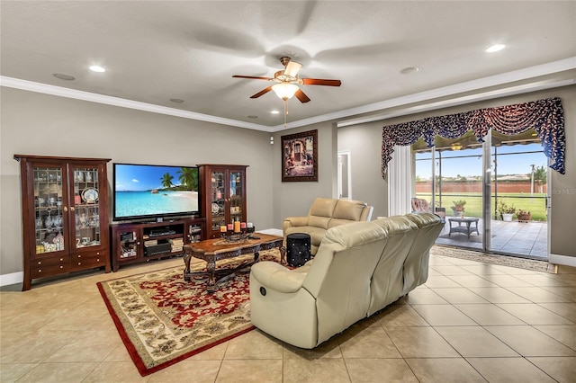 3222 San Leo Dr, Orlando, FL 32820 - living room with a ceiling fan, light tile patterned flooring, ornamental molding, recessed lighting, and baseboards