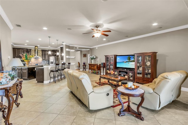 3222 San Leo Dr, Orlando, FL 32820 - living area with ceiling fan, light tile patterned floors, crown molding, and recessed lighting