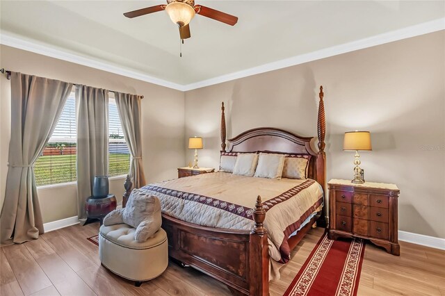 3222 San Leo Dr, Orlando, FL 32820 - bedroom with baseboards, light wood-style floors, ornamental molding, and ceiling fan