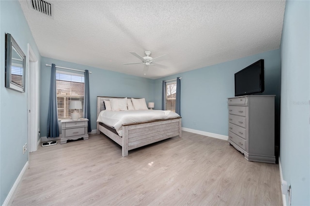 9430 SE 176th Saffold St, The Villages, FL 32162 - bedroom featuring light wood-style flooring, a textured ceiling, baseboards, and ceiling fan