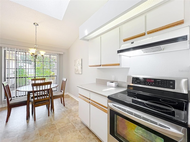 264 Juniper Way, Tavares, FL 32778 - kitchen with electric stove, extractor fan, a chandelier, vaulted ceiling, and light countertops