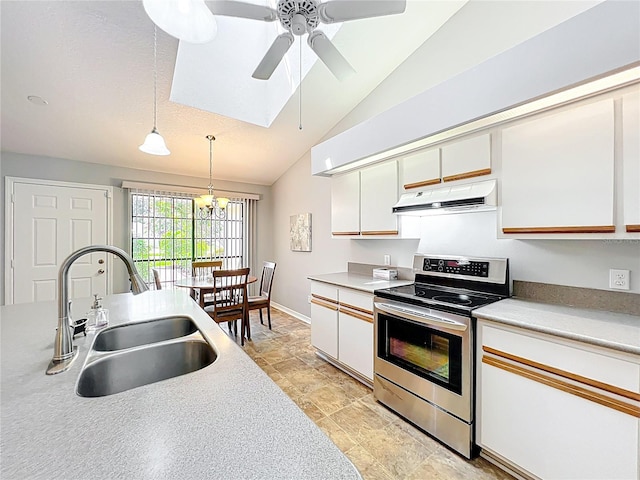 264 Juniper Way, Tavares, FL 32778 - kitchen with ventilation hood, electric range, a sink, lofted ceiling, and decorative light fixtures