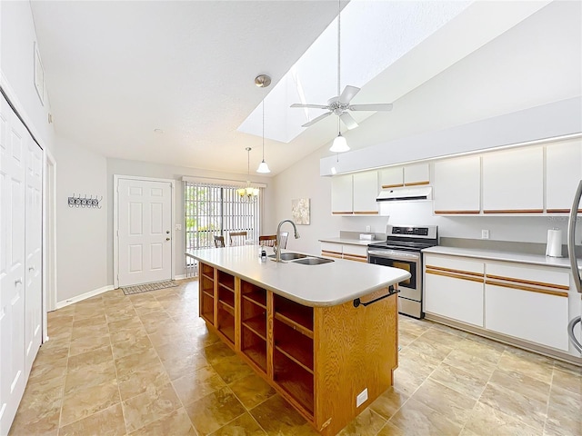 264 Juniper Way, Tavares, FL 32778 - kitchen with electric range, a sink, under cabinet range hood, open shelves, and ceiling fan
