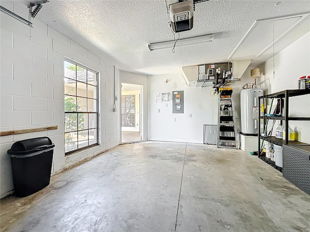 264 Juniper Way, Tavares, FL 32778 - garage with water heater, a garage door opener, concrete block wall, and electric panel