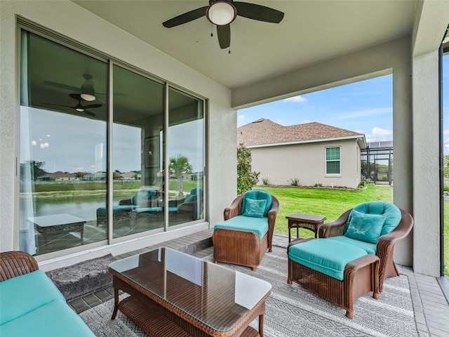17108 SE 111th Terrace Rd, Summerfield, FL 34491 - view of patio / terrace featuring a ceiling fan, outdoor lounge area, and a water view