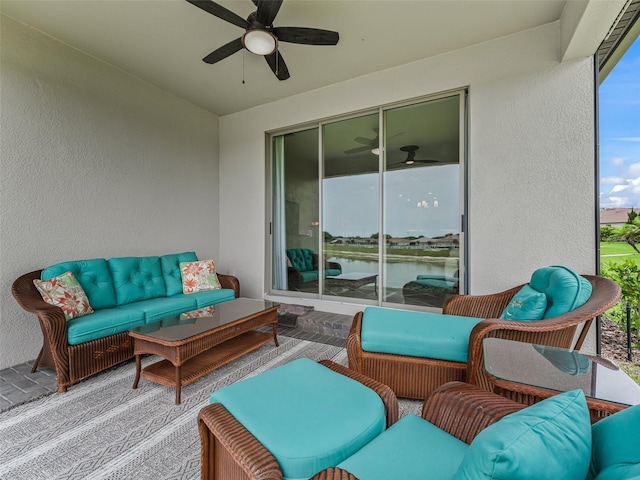 17108 SE 111th Terrace Rd, Summerfield, FL 34491 - view of patio / terrace featuring outdoor lounge area, a ceiling fan, and a water view