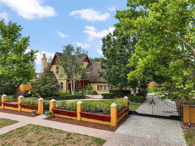 707 S Dixie Dr, Howey In The Hills, FL 34737 - view of front facade featuring a gate, stucco siding, and a chimney