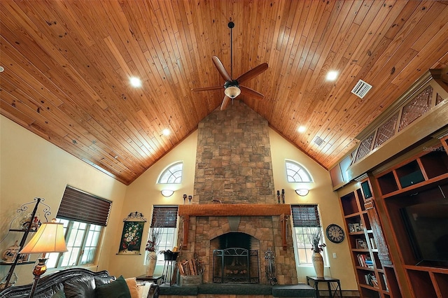 707 S Dixie Dr, Howey In The Hills, FL 34737 - living room featuring wood ceiling, high vaulted ceiling, a ceiling fan, healthy amount of natural light, and a stone fireplace