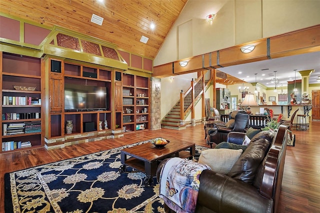 707 S Dixie Dr, Howey In The Hills, FL 34737 - living area with hardwood / wood-style floors, high vaulted ceiling, built in features, stairs, and wooden ceiling