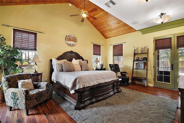 707 S Dixie Dr, Howey In The Hills, FL 34737 - bedroom with wood finished floors, wooden ceiling, high vaulted ceiling, and access to outside