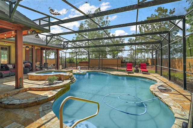 707 S Dixie Dr, Howey In The Hills, FL 34737 - view of swimming pool featuring a patio area, a pool with connected hot tub, glass enclosure, and a fenced backyard