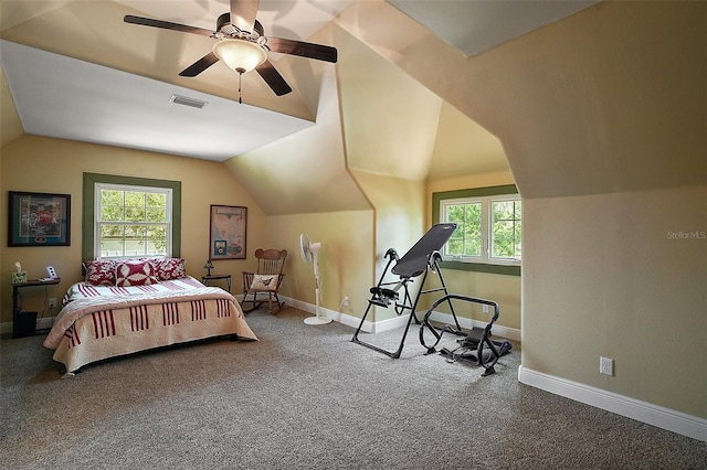 707 S Dixie Dr, Howey In The Hills, FL 34737 - bedroom featuring carpet, lofted ceiling, baseboards, and a ceiling fan