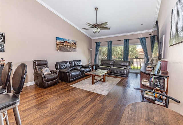 5437 Compass Pt Unit 00, Oxford, FL 34484 - living room with wood-type flooring, a ceiling fan, lofted ceiling, crown molding, and baseboards
