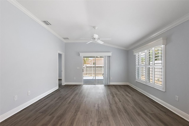 997 Oscar Ln, The Villages, FL 32162 - empty room featuring a ceiling fan, healthy amount of natural light, dark wood finished floors, ornamental molding, and baseboards