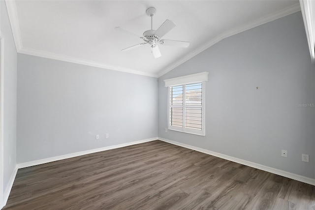 997 Oscar Ln, The Villages, FL 32162 - spare room featuring dark wood-style flooring, crown molding, vaulted ceiling, ceiling fan, and baseboards