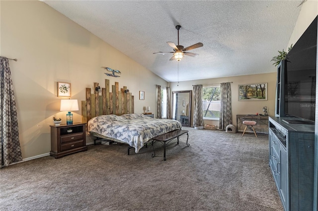 5521 Oak St, Mount Dora, FL 32757 - bedroom with carpet, a textured ceiling, lofted ceiling, and ceiling fan