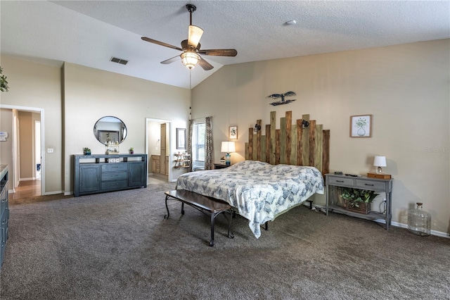 5521 Oak St, Mount Dora, FL 32757 - carpeted bedroom with baseboards, a ceiling fan, connected bathroom, and high vaulted ceiling
