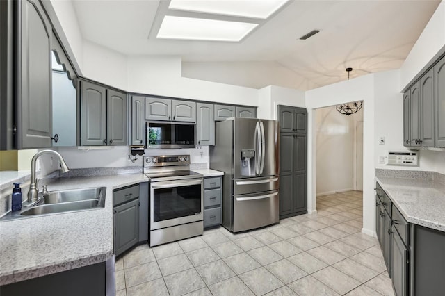 1011 Dundee Cir, Leesburg, FL 34788 - kitchen featuring appliances with stainless steel finishes, a sink, gray cabinets, and lofted ceiling