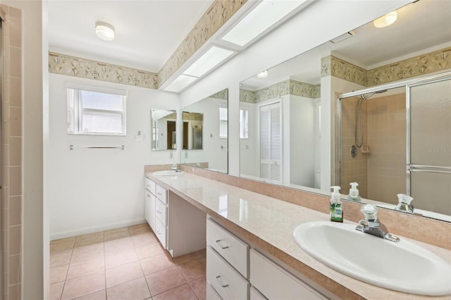 1011 Dundee Cir, Leesburg, FL 34788 - bathroom featuring double vanity, a stall shower, tile patterned floors, baseboards, and toilet