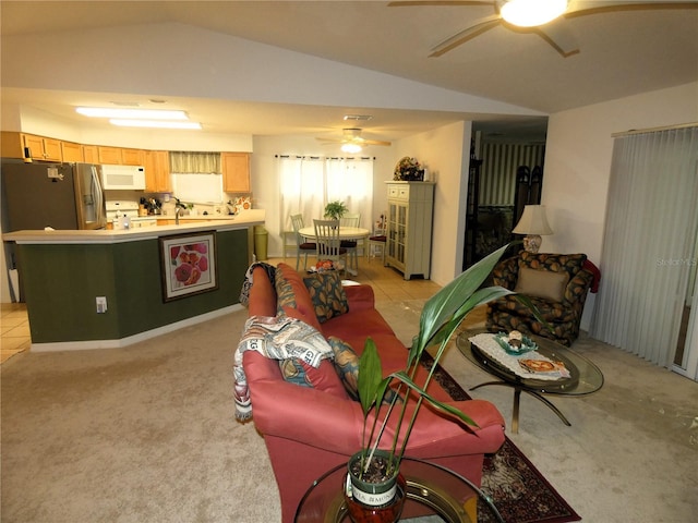 751 Old Oaks Ln, Leesburg, FL 34748 - living room with vaulted ceiling, ceiling fan, and light colored carpet