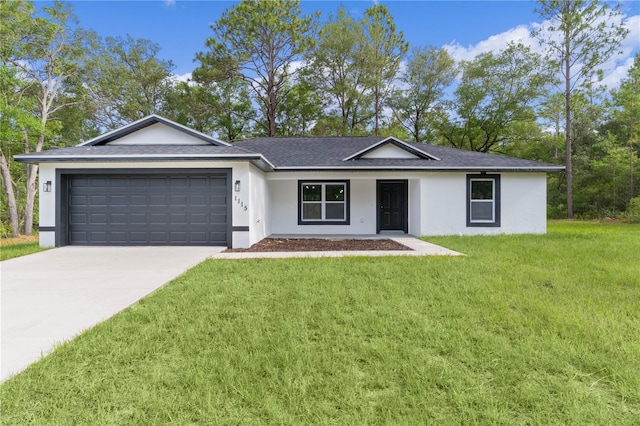 1115 W Geneva Pl, Citrus Springs, FL 34434 - ranch-style home with stucco siding, an attached garage, a front yard, concrete driveway, and roof with shingles