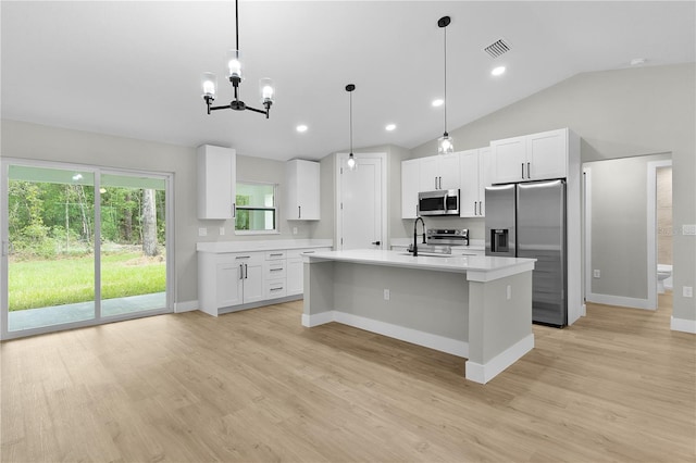 1115 W Geneva Pl, Citrus Springs, FL 34434 - kitchen featuring appliances with stainless steel finishes, a sink, light wood-type flooring, light countertops, and lofted ceiling