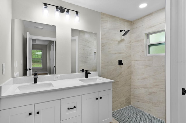 1115 W Geneva Pl, Citrus Springs, FL 34434 - full bath with double vanity, tiled shower, and plenty of natural light