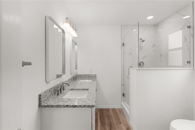 1313 Arredondo Dr, The Villages, FL 32162 - bathroom with a marble finish shower, double vanity, wood finished floors, toilet, and recessed lighting