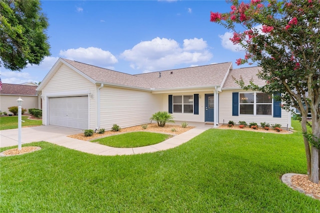 1313 Arredondo Dr, The Villages, FL 32162 - ranch-style house with a garage, a front lawn, concrete driveway, and a shingled roof