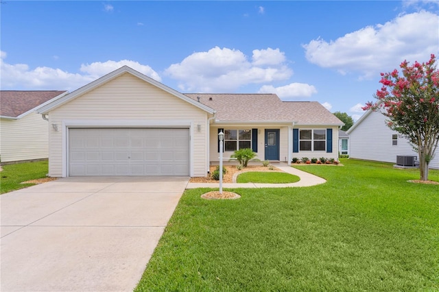 1313 Arredondo Dr, The Villages, FL 32162 - ranch-style home featuring a garage, driveway, central AC unit, a front lawn, and roof with shingles