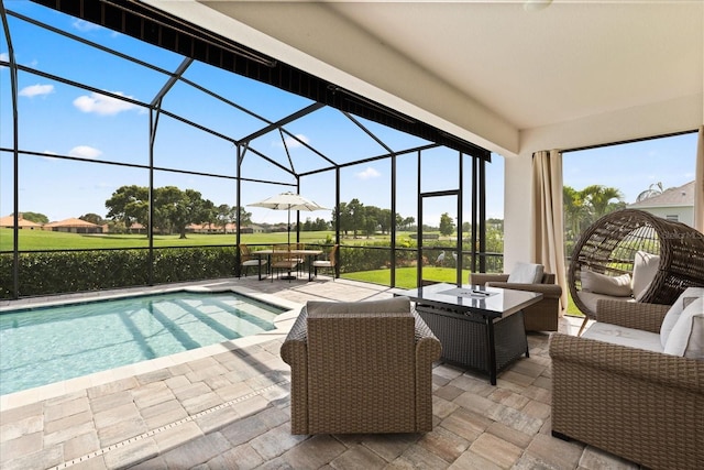 17700 Sawgrass Run, Tavares, FL 32778 - outdoor pool with outdoor lounge area, a patio area, glass enclosure, and outdoor dining area