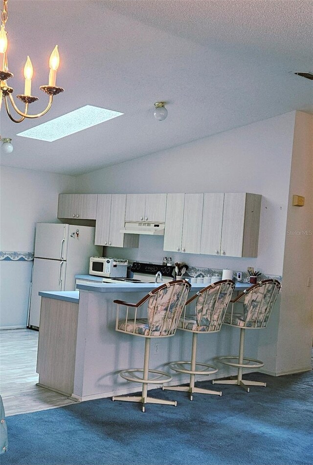 2105 Escobar Ave, The Villages, FL 32159 - kitchen with under cabinet range hood, a skylight, vaulted ceiling, a textured ceiling, and white appliances